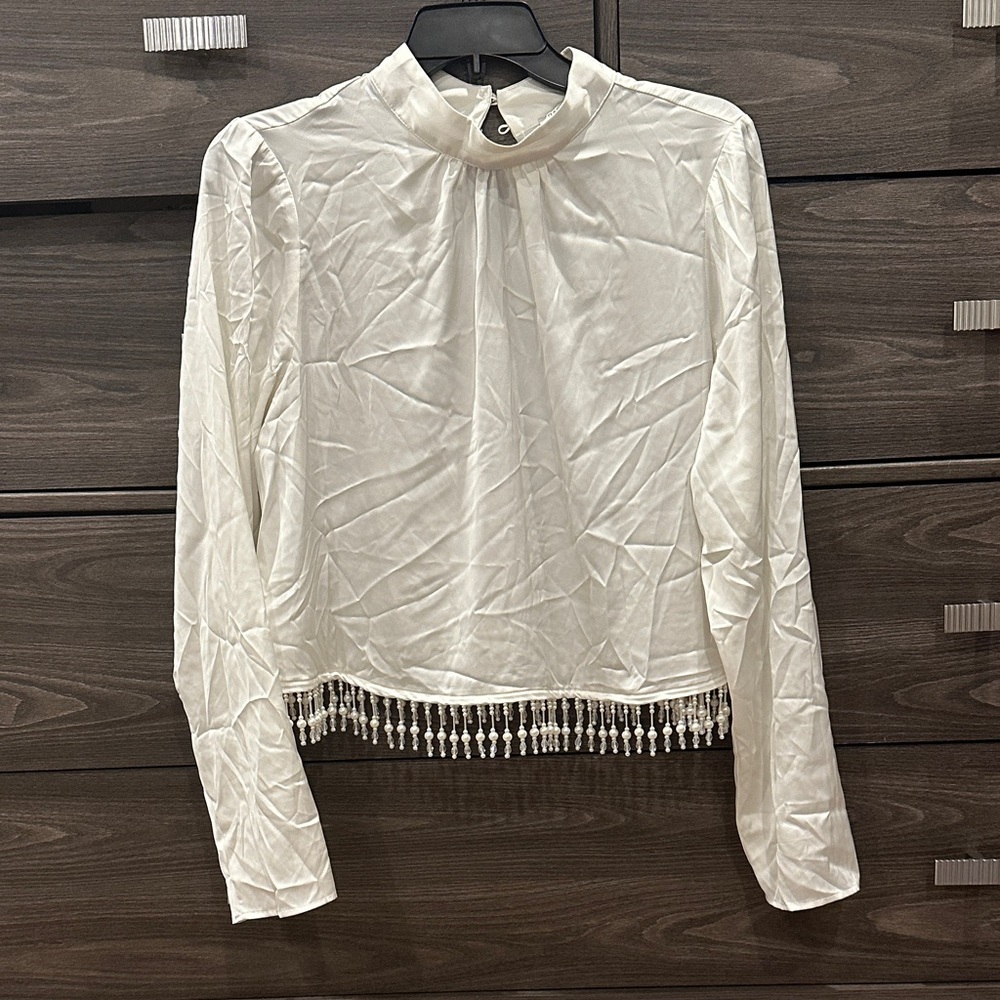 Rachel Zoe Ivory Blouse with Fringe Detail Satin/Silky Size Large